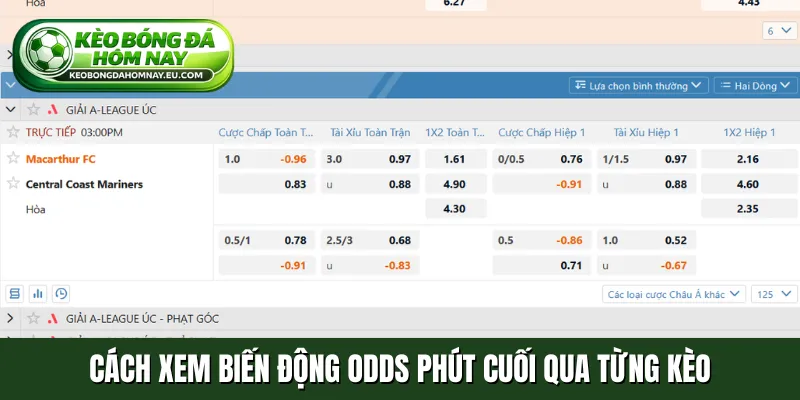 Cách xem biến động Odds phút cuối qua từng kèo